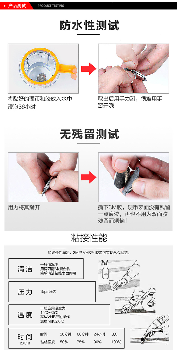 3MVHB通用型丙烯酸泡棉膠帶5925防水測試、無殘留測試、粘接性能